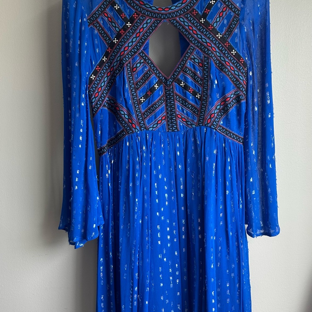 Free People Blue Sequin Mock Neck Bell Sleeve Dress